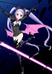  1girl :&gt; blush boots demon_girl demon_wings horns long_hair pncnmmm pop-up_story purple_hair solo thigh-highs thigh_boots twintails very_long_hair violet_eyes volteria_dig_platidity whip wings 
