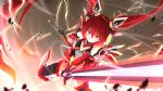  1girl black_gloves dual_wielding gloves highres holding holding_sword holding_weapon keikei_(kitty_colors) long_hair mecha_musume ore_twintail_ni_narimasu redhead solo sword tailred twintails violet_eyes weapon 
