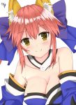  1girl animal_ears bare_shoulders blush breasts caster_(fate/extra) cleavage collarbone detached_sleeves fate/extra fate_(series) fox_ears fox_tail hair_ribbon highres japanese_clothes large_breasts pink_hair ribbon simple_background solo tail white_background yellow_eyes 
