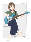  1girl artist_request barefoot brown_hair closed_eyes collarbone electric_guitar glasses guitar instrument long_skirt open_mouth seto_ferb short_hair skirt smile solo tokyo_7th_sisters white_background 