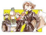  1girl 2boys bag bangs black_hair black_jacket black_skirt box brown_eyes brown_hair cellphone cowboy_shot cup drinking_straw facial_mark fushiguro_megumi gakuran green_eyes high_collar highres holding holding_box holding_cup holding_phone hood hood_down hoodie itadori_yuuji jacket jujutsu_kaisen kugisaki_nobara long_sleeves looking_away multiple_boys open_mouth phone pink_hair red_hoodie school_uniform shopping_bag short_hair skirt spiky_hair sssk_5 standing sweatdrop swept_bangs undercut 