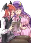  2girls bat_wings book breasts crescent crescent_hair_ornament glasses hair_ornament head_wings koakuma large_breasts multiple_girls necktie pantyhose patchouli_knowledge pregnant purple_hair red_eyes redhead touhou wings yohane 