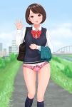  1girl bag blurry blush brown_eyes brown_hair depth_of_field highres looking_at_viewer no_pants open_mouth original panties school_uniform serafuku short_hair solo sweater_vest underwear yurashimayura 