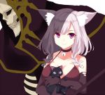  1girl animal animal_ears bare_shoulders bell black_cat black_fur black_gloves braid breasts cat cat_ears choker cleavage cloak closed_mouth collarbone copyright_request death_(entity) dress elbow_gloves eyebrows eyebrows_visible_through_hair fur gloves holding_animal hollow_eyes hood hooded_cloak jingle_bell large_breasts lips looking_at_viewer note_(aoiro_clip) paws pink_eyes pink_hair red_dress short_braid short_hair simple_background skull sleeveless sleeveless_dress smile spaghetti_strap teeth twin_braids upper_body white_background 
