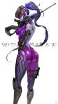  1girl absurdres ass bodysuit boots breasts elbow_gloves from_behind gloves gun hand_on_hip head_mounted_display highres knee_boots long_hair looking_back overwatch ponytail purple_skin rifle sniper_rifle solo thighs very_long_hair visor weapon widowmaker_(overwatch) yang-do yellow_eyes 