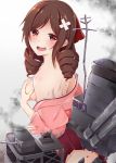  1girl brown_hair drill_hair harukaze_(kantai_collection) japanese_clothes kantai_collection kimono long_hair machinery red_eyes solo suitenjh torn_clothes twin_drills 