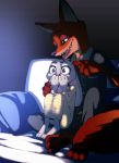    1boy 1girl black_jacket black_pants buttons claws couch covering_mouth full_body furry green_eyes height_difference jacket judy_hopps knees_up light long_sleeves looking_down nick_wilde nightgown on_couch open_mouth pants poking scared sharp_teeth teeth violet_eyes wide-eyed yanagida_fumita zootopia 