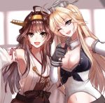  2girls :d ;d armpits black_gloves blonde_hair blue_eyes breasts brown_eyes brown_hair cleavage detached_sleeves gloves headgear iowa_(kantai_collection) kantai_collection kongou_(kantai_collection) long_hair meaomao multiple_girls navel nontraditional_miko one_eye_closed open_mouth smile teeth 