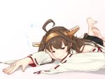  1girl ahoge barefoot blue_eyes brown_hair colored_eyelashes cushion double_bun foreshortening hairband highres japanese_clothes kamome_donburi kantai_collection kongou_(kantai_collection) long_hair looking_at_viewer lying miniskirt nontraditional_miko on_stomach skirt wavy_mouth wide_sleeves 
