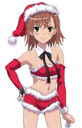  1girl absurdres bra brown_eyes brown_hair collarbone detached_sleeves hair_ornament hand_on_hip hat highres looking_at_viewer misaka_mikoto red_bra red_hat red_shorts santa_costume santa_hat short_shorts shorts simple_background smile solo to_aru_kagaku_no_railgun to_aru_majutsu_no_index underwear white_background 