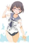  1girl :d arm_at_side arm_up black_hair black_swimsuit blush collarbone cowboy_shot cropped_legs glasses grey_eyes looking_at_viewer one-piece_swimsuit oota_yuuichi open_mouth original pocket red-framed_glasses see-through shiny shiny_skin shirt short_hair short_sleeves simple_background smile solo standing swimsuit thigh_gap waving wet wet_clothes wet_shirt white_background white_shirt 