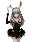  1girl animal_ears bare_shoulders black_dress black_gloves collarbone covering covering_crotch cowboy_shot dress elbow_gloves elin_(tera) gloves grey_hair gyup91 index_finger_raised long_hair looking_away looking_up rabbit_ears simple_background solo tera_online violet_eyes white_background 
