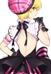  1girl arm_garter artist_name back back_cutout bare_arms black_dress black_gloves blonde_hair blush breasts dress eyelashes frills from_behind gloves green_eyes hand_on_hip hand_up hat idolmaster idolmaster_cinderella_girls lace-trimmed_hat light_smile looking_back miyamoto_frederica parted_lips pink_hat plaid_hat profile short_hair short_sleeves sideboob simple_background solo white_background zn_(zzzzzni) 