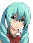  1girl :o absurdres black-framed_glasses blue_eyes blue_hair bow bowtie close-up collared_shirt enami_katsumi face glasses hatsune_miku highres long_hair looking_at_viewer open_mouth over-rim_glasses pink_lips red_bow red_bowtie semi-rimless_glasses shirt simple_background solo twintails upper_body vocaloid white_background wing_collar 