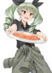  1girl anchovy black_necktie black_ribbon black_shirt clothes_around_waist collared_shirt drill_hair eyebrows eyebrows_visible_through_hair food foreshortening girls_und_panzer green_hair hair_ribbon holding holding_plate jacket_around_waist miri_(ago550421) necktie outstretched_arms pasta plate red_eyes ribbon round_teeth shirt signature simple_background solo spaghetti standing teeth tsurime twin_drills twintails white_background wing_collar 