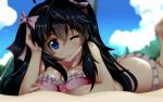 1girl ;) ahoge bangs beach bikini black_hair blue_eyes blue_sky blurry blush bow breasts cleavage closed_mouth clouds depth_of_field eyebrows eyebrows_visible_through_hair frilled_bikini frills hair_between_eyes hair_bow hand_on_own_head head_tilt highres long_hair looking_at_viewer lying netoge_no_yome_wa_onna_no_ko_janai_to_omotta? on_ground on_stomach one_eye_closed outdoors paperfinger pink_bikini pink_bow sand sidelocks sky smile solo swimsuit tamaki_ako the_pose twintails 