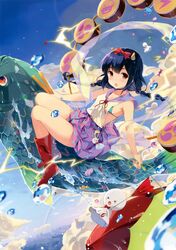  &gt;_&lt; 1girl :o absurdres bikini black_hair boots bow bowtie bra braid breasts brown_eyes candy choker cleavage closed_eyes clouds electricity fish flying hair_bow hair_ornament hairclip highres holding koi lollipop long_hair looking_at_viewer open_mouth original rainbow sailor_collar sakura_koharu scan shirt side-tie_bikini sky sleeveless sleeveless_shirt solo swimsuit teruterubouzu twin_braids umbrella underwear water 