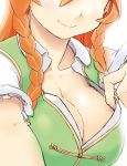  1girl breasts cleavage hair_between_eyes hong_meiling kagehito large_breasts long_hair outside_border puffy_short_sleeves puffy_sleeves redhead shirt short_sleeves smile solo touhou unbuttoned unbuttoned_shirt upper_body white_shirt 