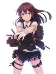 1girl belt brown_eyes brown_hair gloves hair_ornament hairclip kantai_collection konnyaku_(kk-monmon) long_hair looking_at_viewer oyashio_(kantai_collection) pleated_skirt school_uniform short_sleeves simple_background skirt solo thigh_strap vest white_background white_gloves 