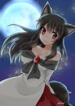  1girl :3 absurdres animal_ears breasts brooch brown_hair cleavage collarbone dress full_moon highres imaizumi_kagerou jewelry large_breasts long_sleeves looking_at_viewer moon night night_sky off-shoulder_dress off_shoulder red_eyes sky solo tail touhou wide_sleeves wolf_ears wolf_tail 