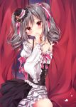  1girl blush bow breasts brooch cleavage curtains detached_collar drill_hair frilled_ribbon frills hat idolmaster idolmaster_cinderella_girls jewelry kanzaki_ranko lolita_fashion long_hair looking_at_viewer necklace nogi_takayoshi red_eyes ribbon silver_hair solo twin_drills twintails window 