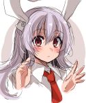  1girl animal_ears asa_(coco) blush collared_shirt dress_shirt eyebrows eyebrows_visible_through_hair hair_between_eyes hands_up long_hair looking_at_viewer necktie rabbit_ears red_eyes red_necktie reisen_udongein_inaba shirt silver_hair sketch solo tareme touhou upper_body wing_collar 
