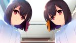  2girls akeiro_kaikitan bob_cut brown_hair curtains dress eyebrows eyebrows_visible_through_hair from_below game_cg hair_between_eyes hair_ribbon lipgloss lips looking_at_viewer multiple_girls red_eyes red_ribbon ribbon ruka_(akeiro_kaikitan) ruri_(akeiro_kaikitan) shirt short_hair siblings sumeragi_kohaku table twins yellow_ribbon 