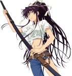  1girl absurdres black_hair denim hair_ribbon highres holding holding_sword holding_weapon kanzaki_kaori long_hair looking_at_viewer midriff navel ribbon shirt simple_background solo sword tied_shirt to_aru_majutsu_no_index violet_eyes weapon white_background white_ribbon white_shirt 