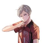  1boy arm_up clothes_writing collarbone collared_shirt green_eyes haikyuu!! head_tilt highres jersey limobok looking_at_viewer male_focus number orange_shirt shirt short_sleeves silver_hair simple_background sportswear sweat upper_body wet white_background wide-eyed wing_collar 