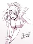  1girl ayase_eli bikini breasts hagane_soushi large_breasts long_hair love_live!_school_idol_project monochrome one_eye_closed open_mouth ponytail scrunchie sketch smile solo swimsuit 