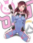  1girl bangs ben-day_dots bodysuit breasts brown_hair bubble_blowing bubblegum covered_navel d.va_(overwatch) facial_mark finger_on_trigger gloves gun headphones keychain long_hair looking_at_viewer overwatch pink_eyes rabbit shiny shiny_clothes shiny_hair sieyarelow sitting skin_tight solo spread_legs wariza weapon 