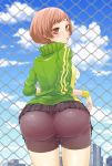  1girl ass bike_shorts blush breasts brown_eyes brown_hair chain-link_fence chiriplus fence from_behind highres huge_ass jacket looking_at_viewer looking_back persona persona_4 satonaka_chie short_hair sideboob skirt skirt_lift solo track_jacket upskirt wristband 
