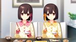  2girls akeiro_kaikitan bob_cut bowl brown_hair chair chopsticks collarbone food frame game_cg hair_ribbon long_sleeves looking_at_viewer miso_soup multiple_girls plant red_eyes ribbon rice rice_bowl ruka_(akeiro_kaikitan) ruri_(akeiro_kaikitan) salmon short_hair siblings sumeragi_kohaku table twins 