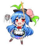  1girl :d ankle_boots arms_up black_hat blue_hair blue_skirt blush boots bow bowtie brown_boots chibi floating_object food fruit hat hinanawi_tenshi holding holding_sword holding_weapon honda_takaharu long_hair lowres open_mouth peach puffy_short_sleeves puffy_sleeves rainbow_order red_bow red_bowtie red_eyes shirt short_sleeves simple_background skirt smile solo sword sword_of_hisou touhou very_long_hair weapon white_background white_shirt 