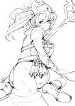  1girl granblue_fantasy hat highres long_hair looking_at_viewer looking_back minato_(shouno) monochrome sitting sophia_(granblue_fantasy) staff twintails wariza 