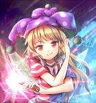  1girl american_flag_shirt blonde_hair clownpiece facing_viewer frilled_shirt_collar frills hat jester_cap long_hair minust polka_dot_hat purple_hat red_eyes short_sleeves smile solo torch touhou upper_body v wings 