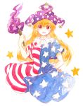  1girl alternate_eye_color american_flag_shirt bangs blonde_hair blush clownpiece fire hand_on_hip hand_up hat highres jester_cap long_hair looking_at_viewer open_mouth orange_eyes purple_fire round_teeth shiny shiny_hair short_sleeves simple_background smile solo star tama_(hiroshige_36) teeth torch touhou upper_body very_long_hair white_background 