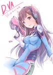  1girl armor bangs bodysuit breasts brown_hair character_name d.va_(overwatch) dated facepaint facial_mark gloves gun handgun headphones highres holding holding_gun holding_weapon long_hair looking_at_viewer mousoup overwatch parted_lips pilot_suit smile solo swept_bangs upper_body violet_eyes weapon white_gloves 