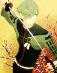  1boy drawing_sword green_eyes green_hair highres katana male_focus sheath solo sword touken_ranbu uguisumaru unsheathing weapon yuta_(kchimuuuuu) 