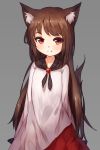  1girl animal_ears brooch brown_hair dress fang fang_out highres imaizumi_kagerou jewelry long_hair looking_at_viewer red_eyes shone smile solo tail touhou wolf_ears wolf_tail 