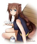  1girl alcohol animal_ears blue_eyes braid breasts brioche_d&#039;arquien brown_hair dog_days dog_ears dog_tail kyouka_kyouka large_breasts long_hair sakazuki sitting smile solo tail twitter_username 