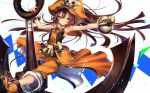  1girl anchor ankle_boots belt boots bracer brown_eyes brown_hair clenched_hand crop_top fingerless_gloves gloves guilty_gear hat huge_weapon long_hair may_(guilty_gear) navel orange_hat oro_(sumakaita) pants pants_rolled_up pirate_hat sailor_collar showgirl_skirt skull_and_crossbones sleeveless small_breasts solo twitter_username weapon 