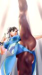  1girl black_hair bun_cover china_dress chinese_clothes chun-li double_bun dress high_kick highres jorori kicking pelvic_curtain short_hair solo spikes street_fighter 