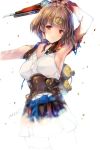  1girl arm_up armpits artist_name brown_hair choker gun headgear holding koutetsujou_no_kabaneri looking_at_viewer min-naraken mumei_(kabaneri) red_eyes ribbon ribbon_choker short_hair skirt solo steampunk weapon white_background work_in_progress 