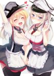  2girls :d :o ^_^ adapted_costume apron arm_up black_legwear blonde_hair blue_eyes breast_press breasts cleavage closed_eyes corset detached_collar dirndl german_clothes graf_zeppelin_(kantai_collection) hat hear holding_hands igakusei interlocked_fingers kantai_collection large_breasts long_hair low_twintails multiple_girls open_mouth peaked_cap prinz_eugen_(kantai_collection) smile spiral symmetrical_docking thigh-highs tongue tongue_out twintails waist_apron 
