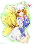  1girl blonde_hair blush breasts dress fox_tail hand_on_own_chest hat highres long_sleeves looking_at_viewer multiple_tails pillow_hat ramudia_(lamyun) short_hair sitting tabard tail tassel touhou white_clothes white_dress wide_sleeves yakumo_ran yellow_eyes 