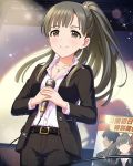  1girl alternate_costume artist_request belt black_eyes black_hair black_pants faceless faceless_male idolmaster idolmaster_cinderella_girls jewelry kobayakawa_sae microphone necklace official_art open_clothes pants ponytail shirt white_shirt 