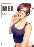  1girl aqua_eyes arm_support black-framed_glasses black_legwear breasts brown_hair character_name cleavage dated glasses hair_bun hair_ornament hairpin hand_on_own_face highres large_breasts lips looking_at_viewer mei_(overwatch) midriff navel overwatch short_hair solo tank_top 