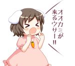  &gt;_&lt; 1girl animal_ears bebeneko brown_hair carrot_necklace closed_eyes commentary_request dress inaba_tewi open_mouth rabbit_ears short_hair short_sleeves solo touhou translation_request 