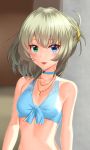  1girl :d absurdres arms_at_sides bangs bare_arms bare_shoulders bikini_top blonde_hair blue_bikini_top blue_eyes blush choker collarbone eyebrows eyebrows_visible_through_hair eyelashes green_eyes highres idolmaster idolmaster_cinderella_girls jewelry looking_at_viewer midriff mole mole_under_eye necklace open_mouth pink_lips small_breasts smile solo takagaki_kaede takahirokun tsurime upper_body 